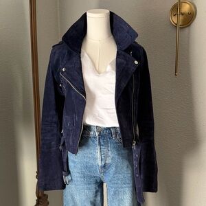 Vigoss Navy Blue Genuine Suede Leather Moto Biker Jacket Small Belted